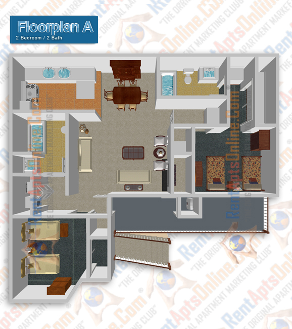 This image is the visual 3D representation of Floorplan A in Willow Run Apartments.