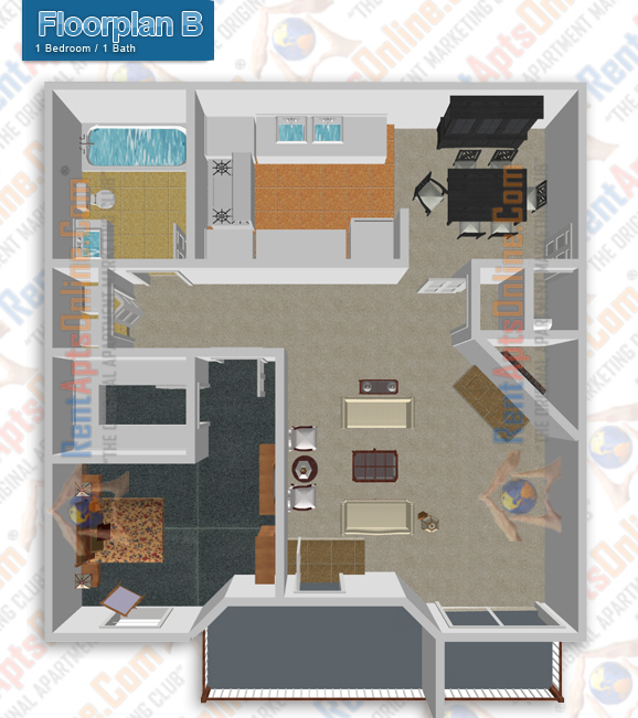This image is the visual 3D representation of Floorplan B in Willow Run Apartments.