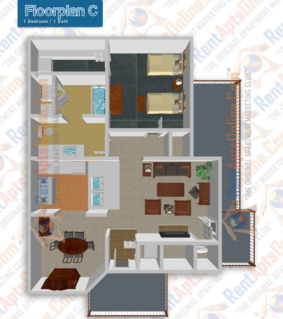 This image is the visual 3D representation of Floorplan C in Willow Run Apartments.
