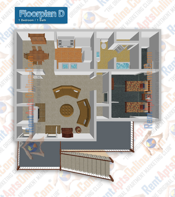 This image is the visual 3D representation of Floorplan D in Willow Run Apartments.